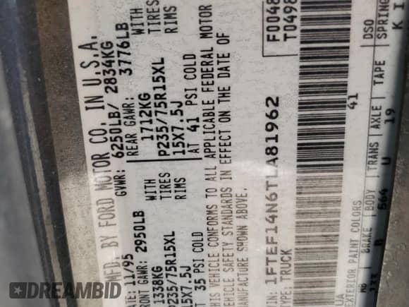 1996 Ford F-150 с VIN 1FTEF14N6TLA81962, выставлен на аукционе Copart как лот 42453655 с пробегом 260 127 миль миль и Списание • Salvage title. История ставок и продаж доступна на DreamBid. Изображение 12.