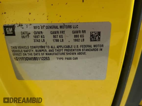 2011 Chevrolet Corvette 2LT with VIN 1G1YF3DW9B5112263, listed as a Copart auction lot 73848984 with Not provided miles and Salvage title. Bid and sale history available at DreamBid. Image 13.