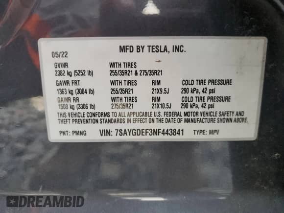 2022 Tesla Model Y Performance с VIN 7SAYGDEF3NF443841, выставлен на аукционе Copart как лот 63751965 с пробегом 34 493 миль миль и Списание • Salvage title. История ставок и продаж доступна на DreamBid. Изображение 13.