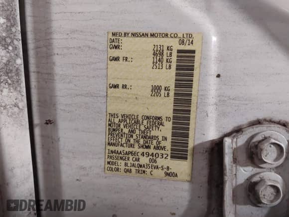 2014 Nissan Maxima SV с VIN 1N4AA5AP6EC494032, выставлен на аукционе IAAI как лот 43037722 с пробегом 173 554 миль миль и . История ставок и продаж доступна на DreamBid. Изображение 9.