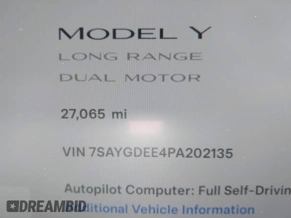 2023 Tesla Model Y Long Range with VIN 7SAYGDEE4PA202135, listed as a IAAI auction lot 42975478 with 27,065 mi miles and . Bid and sale history available at DreamBid. Image 16.