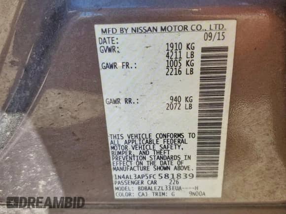 2015 Nissan Altima S z VIN 1N4AL3AP5FC581839, wystawiony jako Copart lot #84940205 z przebiegiem 136 684 mil mil oraz Szkoda całkowita • Salvage title. Historia ofert i sprzedaży dostępna na DreamBid. Obrazek 12.