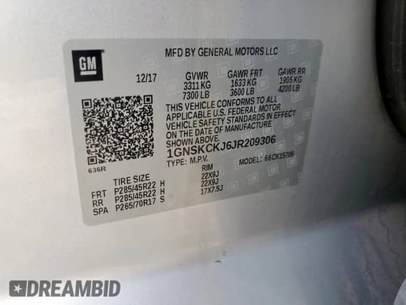2018 Chevrolet Tahoe Premier с VIN 1GNSKCKJ6JR209306, выставлен на аукционе Copart как лот 65805925 с пробегом 167 302 миль миль и Списание • Salvage title. История ставок и продаж доступна на DreamBid. Изображение 13.