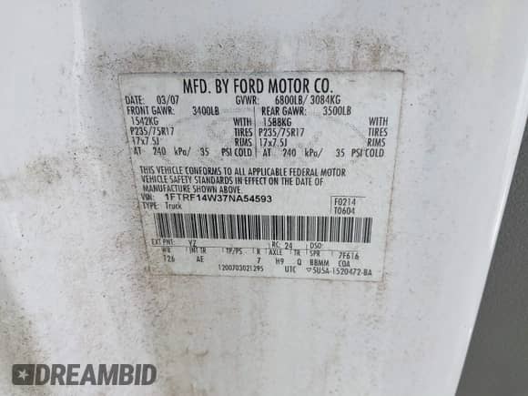 2007 Ford F-150 XL с VIN 1FTRF14W37NA54593, выставлен на аукционе IAAI как лот 42507874 с пробегом 111 032 миль миль и . История ставок и продаж доступна на DreamBid. Изображение 9.