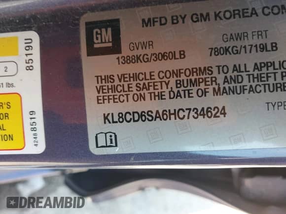 2017 Chevrolet Spark LT with VIN KL8CD6SA6HC734624, listed as a IAAI auction lot 42859414 with 101,038 mi miles and . Bid and sale history available at DreamBid. Image 9.