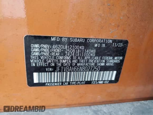 2022 Subaru WRX Premium with VIN JF1VBAH66N8027250, listed as a Copart auction lot 86513694 with 14,669 mi miles and Salvage title. Bid and sale history available at DreamBid. Image 12.