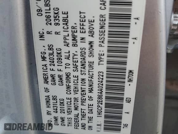 2010 Honda Accord с VIN 1HGCP2E86AA024223, выставлен на аукционе Copart как лот 56586645 с пробегом 155 958 миль миль и Списание • Salvage title. История ставок и продаж доступна на DreamBid. Изображение 12.