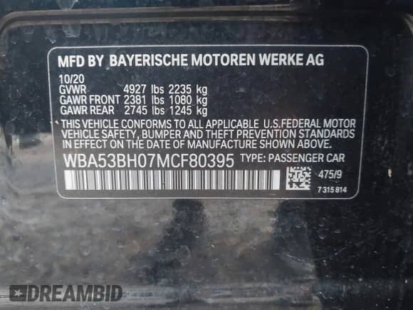 2021 BMW 5 Series 530i with VIN WBA53BH07MCF80395, listed as a IAAI auction lot 42342610 with 71,227 mi miles and . Bid and sale history available at DreamBid. Image 9.