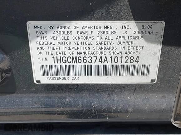 2004 Honda Accord LX с VIN 1HGCM66374A101284, выставлен на аукционе IAAI как лот 42538964 с пробегом 212 257 миль миль и . История ставок и продаж доступна на DreamBid. Изображение 9.