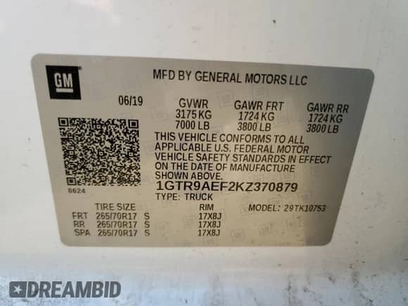 2019 GMC Sierra 1500 with VIN 1GTR9AEF2KZ370879, listed as a Copart auction lot 63045454 with 102,015 mi miles and Salvage title. Bid and sale history available at DreamBid. Image 12.