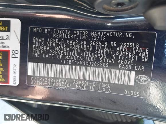 2012 Toyota Camry L с VIN 4T1BF1FK1CU202389, выставлен на аукционе IAAI как лот 42989613 с пробегом 109 010 миль миль и . История ставок и продаж доступна на DreamBid. Изображение 9.