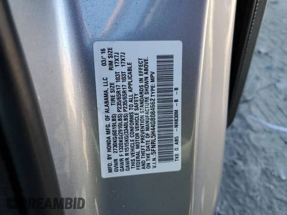 2016 Honda Odyssey EX with VIN 5FNRL5H44GB084662, listed as a Copart auction lot 87011705 with 87,495 mi miles and Salvage title. Bid and sale history available at DreamBid. Image 12.