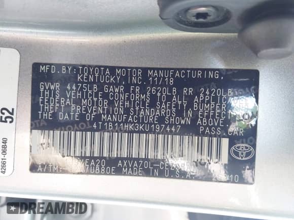 2019 Toyota Camry SE z VIN 4T1B11HK3KU197447, wystawiony jako IAAI lot #43301032 z przebiegiem 94 276 mil mil oraz . Historia ofert i sprzedaży dostępna na DreamBid. Obrazek 9.