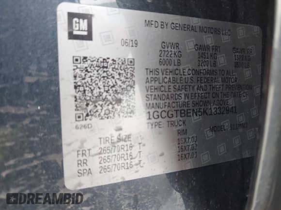 2019 Chevrolet Colorado 4WD Work Truck с VIN 1GCGTBEN5K1332941, выставлен на аукционе IAAI как лот 42686210 с пробегом 137 276 миль миль и . История ставок и продаж доступна на DreamBid. Изображение 9.