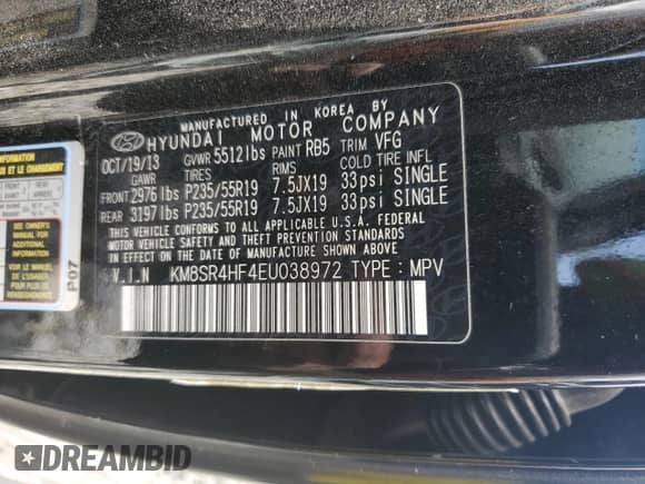 2014 Hyundai Santa Fe GLS with VIN KM8SR4HF4EU038972, listed as a Copart auction lot 61479245 with 130,133 mi miles and Salvage title. Bid and sale history available at DreamBid. Image 13.