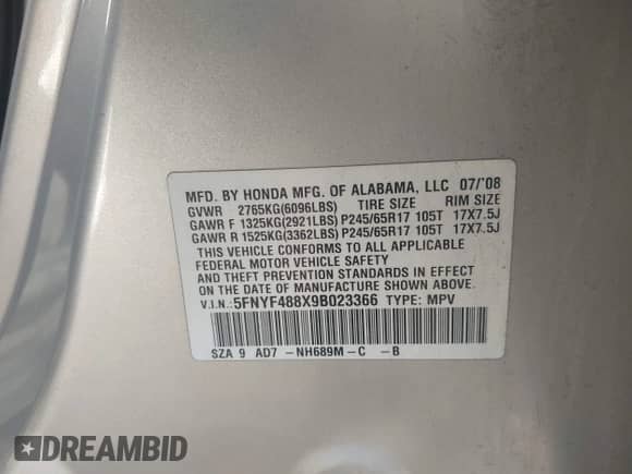 2009 Honda Pilot Touring with VIN 5FNYF488X9B023366, listed as a IAAI auction lot 43068300 with 210,590 mi miles and . Bid and sale history available at DreamBid. Image 9.