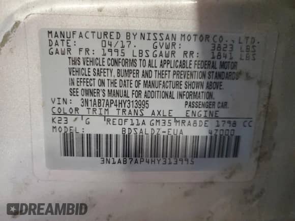 2017 Nissan Sentra S z VIN 3N1AB7AP4HY313995, wystawiony jako Copart lot #85728375 z przebiegiem 156 066 mil mil oraz Szkoda całkowita • Salvage title. Historia ofert i sprzedaży dostępna na DreamBid. Obrazek 13.
