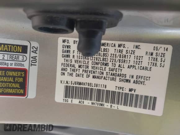 2014 Honda CR-V EX-L with VIN 5J6RM4H79EL081178, listed as a IAAI auction lot 43231532 with 165,589 mi miles and . Bid and sale history available at DreamBid. Image 9.