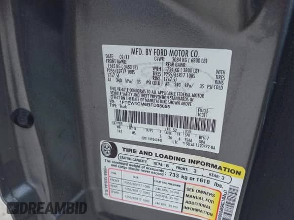 2011 Ford F-150 XL with VIN 1FTEW1CM6BFD08055, listed as a IAAI auction lot 42302966 with 204,167 mi miles and . Bid and sale history available at DreamBid. Image 9.