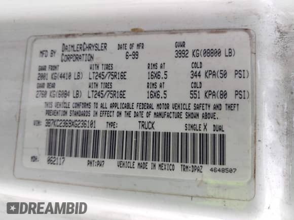 1999 Dodge 2500 with VIN 3B7KC2369XG236101, listed as a IAAI auction lot 43115445 with 267,588 mi miles and . Bid and sale history available at DreamBid. Image 9.