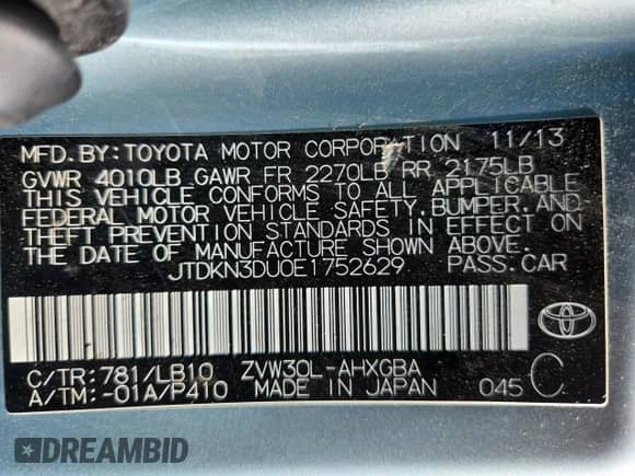 2014 Toyota Prius Four с VIN JTDKN3DU0E1752629, выставлен на аукционе Copart как лот 72100005 с пробегом 172 717 миль миль и Списание • Salvage title. История ставок и продаж доступна на DreamBid. Изображение 12.