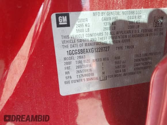 2016 Chevrolet Colorado 2WD WT with VIN 1GCGSBEAXG1228727, listed as a IAAI auction lot 41573964 with 129,634 mi miles and . Bid and sale history available at DreamBid. Image 9.