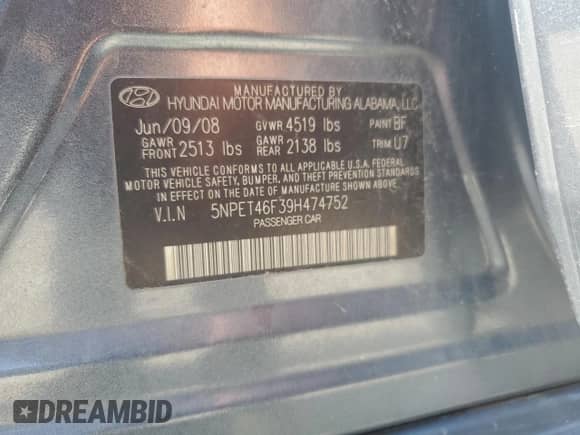 2009 Hyundai Sonata GLS z VIN 5NPET46F39H474752, wystawiony jako Copart lot #68451315 z przebiegiem Nie podano mil oraz Szkoda całkowita • Salvage title. Historia ofert i sprzedaży dostępna na DreamBid. Obrazek 12.