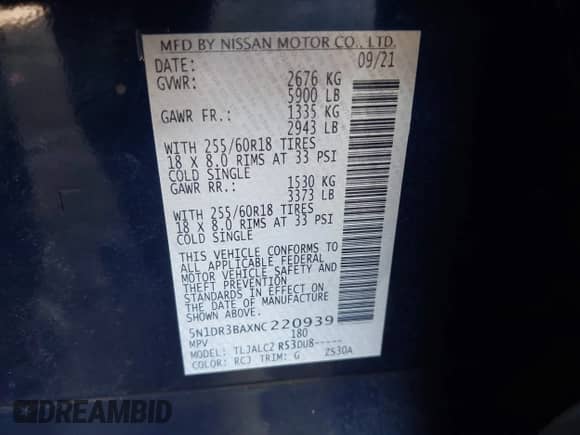 2022 Nissan Pathfinder SV with VIN 5N1DR3BAXNC220939, listed as a IAAI auction lot 42527109 with 48,415 mi miles and . Bid and sale history available at DreamBid. Image 9.