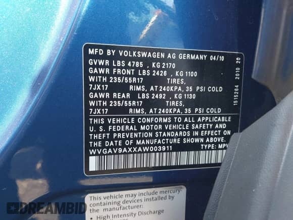 2010 Volkswagen Tiguan с VIN WVGAV9AXXAW003911, выставлен на аукционе IAAI как лот 43339863 с пробегом 86 869 миль миль и . История ставок и продаж доступна на DreamBid. Изображение 9.