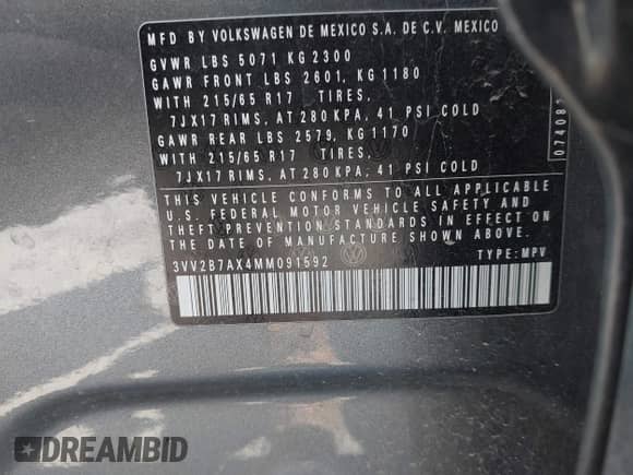 2021 Volkswagen Tiguan SE с VIN 3VV2B7AX4MM091592, выставлен на аукционе IAAI как лот 42520122 с пробегом 87 485 миль миль и . История ставок и продаж доступна на DreamBid. Изображение 9.