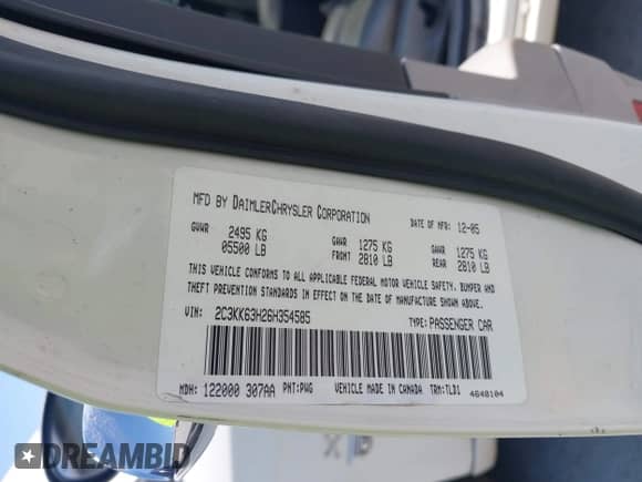 2006 Chrysler 300 C z VIN 2C3KK63H26H354585, wystawiony jako IAAI lot #42409582 z przebiegiem Nie podano mil oraz . Historia ofert i sprzedaży dostępna na DreamBid. Obrazek 9.