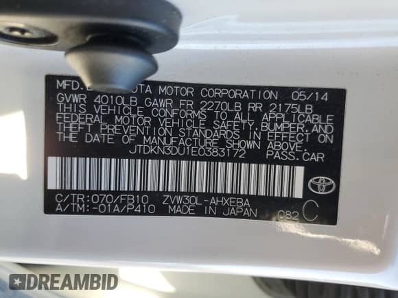 2014 Toyota Prius Three с VIN JTDKN3DU1E0383172, выставлен на аукционе Copart как лот 85779255 с пробегом 114 308 миль миль и Списание • Salvage title. История ставок и продаж доступна на DreamBid. Изображение 12.