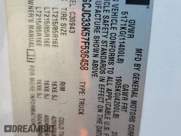 2007 Chevrolet Silverado 3500HD DRW Work Truck с VIN 1GCJC33K57F536458, выставлен на аукционе Copart как лот 46265465 с пробегом 211 752 миль миль и Списание • Salvage title. История ставок и продаж доступна на DreamBid. Изображение 14.