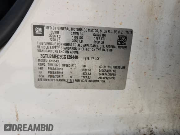 2016 GMC Sierra 1500 SLE с VIN 3GTU2MEC2GG129448, выставлен на аукционе Copart как лот 57929665 с пробегом 287 598 миль миль и Списание • Salvage title. История ставок и продаж доступна на DreamBid. Изображение 12.