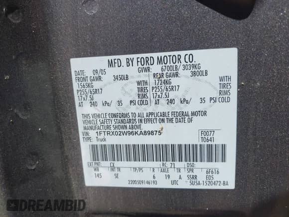 2006 Ford F-150 STX with VIN 1FTRX02W96KA89875, listed as a IAAI auction lot 42784277 with 187,208 mi miles and . Bid and sale history available at DreamBid. Image 9.