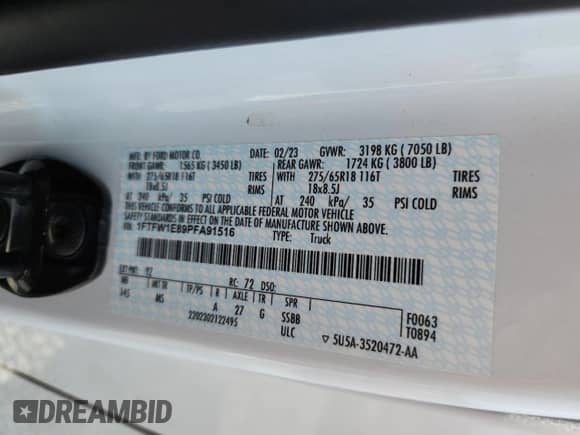 2023 Ford F-150 Lariat with VIN 1FTFW1E89PFA91516, listed as a Copart auction lot 61666315 with 65,711 mi miles and Salvage title. Bid and sale history available at DreamBid. Image 12.