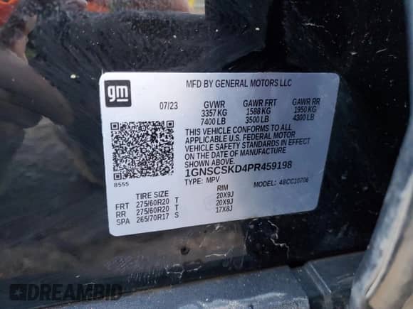 2023 Chevrolet Tahoe Premier with VIN 1GNSCSKD4PR459198, listed as a Copart auction lot 85776374 with 30,983 mi miles and Clean title. Bid and sale history available at DreamBid. Image 13.