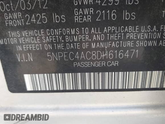 2013 Hyundai Sonata SE with VIN 5NPEC4AC8DH616471, listed as a IAAI auction lot 43320229 with 167,331 mi miles and . Bid and sale history available at DreamBid. Image 9.