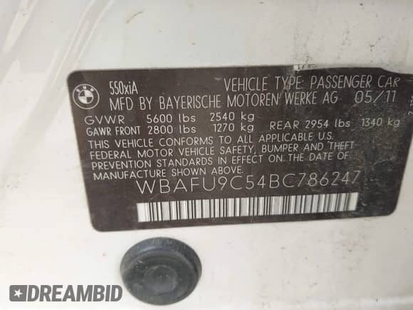 2011 BMW 5 Series 550i xDrive with VIN WBAFU9C54BC786247, listed as a IAAI auction lot 42313094 with 85,354 mi miles and . Bid and sale history available at DreamBid. Image 9.