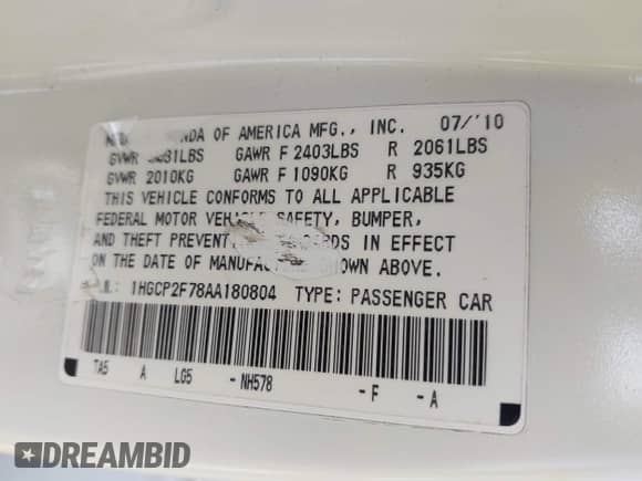 2010 Honda Accord EX with VIN 1HGCP2F78AA180804, listed as a IAAI auction lot 42990346 with Not provided miles and . Bid and sale history available at DreamBid. Image 9.