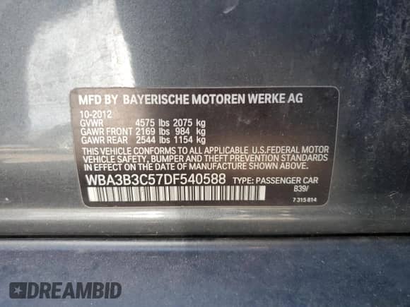 2013 BMW 3 Series 328i xDrive with VIN WBA3B3C57DF540588, listed as a Copart auction lot 85345655 with 111,033 mi miles and Clean title. Bid and sale history available at DreamBid. Image 12.