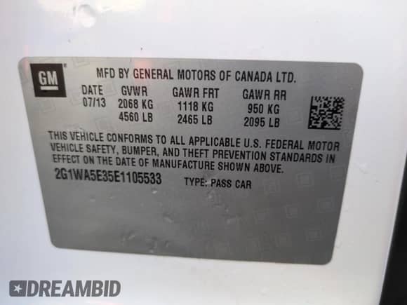 2014 Chevrolet Impala LS с VIN 2G1WA5E35E1105533, выставлен на аукционе Copart как лот 68748175 с пробегом 119 251 миль миль и На запчасти • Non repairable. История ставок и продаж доступна на DreamBid. Изображение 12.
