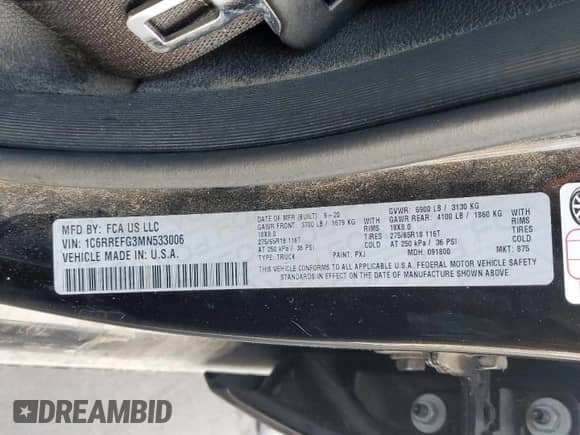 2021 Ram 1500 Big Horn with VIN 1C6RREFG3MN533006, listed as a Copart auction lot 86377794 with 98,354 mi miles and Salvage title. Bid and sale history available at DreamBid. Image 14.