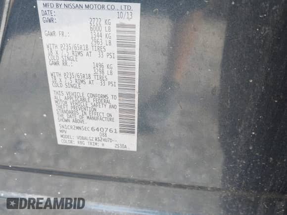 2014 Nissan Pathfinder Platinum Hybrid with VIN 5N1CR2MN5EC640761, listed as a IAAI auction lot 42654416 with 179,570 mi miles and . Bid and sale history available at DreamBid. Image 9.