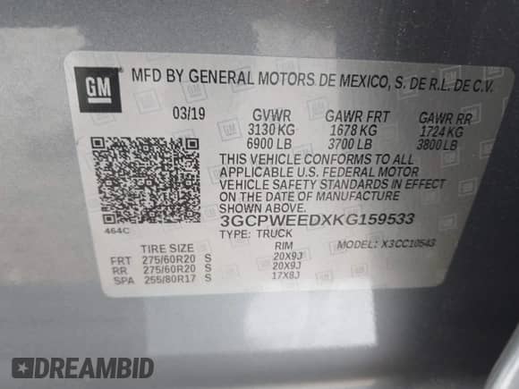 2019 Chevrolet Silverado 1500 LTZ с VIN 3GCPWEEDXKG159533, выставлен на аукционе IAAI как лот 41747377 с пробегом 45 179 миль миль и . История ставок и продаж доступна на DreamBid. Изображение 9.