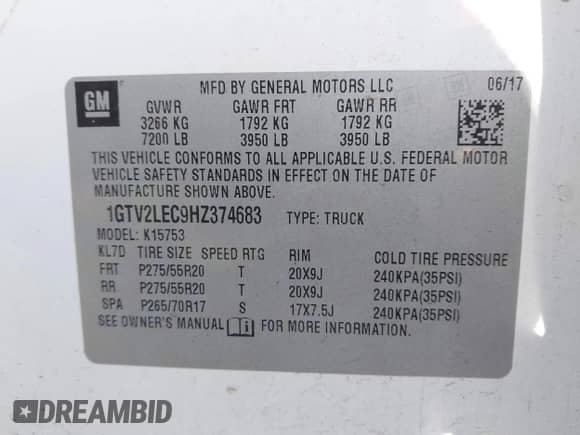 2017 GMC Sierra 1500 with VIN 1GTV2LEC9HZ374683, listed as a IAAI auction lot 43522677 with 162,943 mi miles and . Bid and sale history available at DreamBid. Image 9.