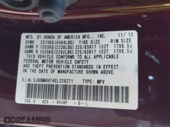 2014 Honda CR-V EX-L with VIN 5J6RM4H74EL038271, listed as a IAAI auction lot 43182927 with 126,287 mi miles and . Bid and sale history available at DreamBid. Image 9.