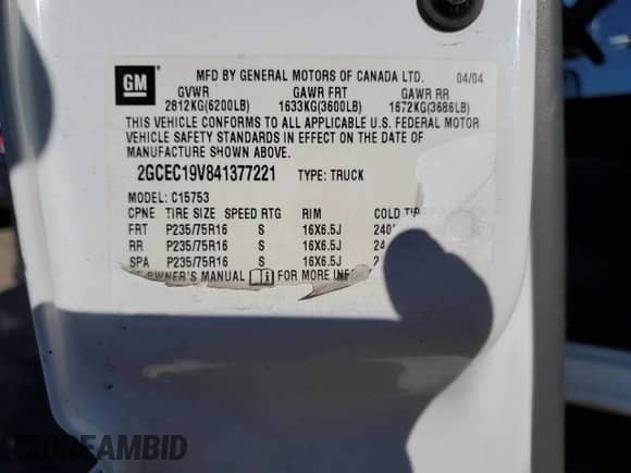 2004 Chevrolet Silverado 1500 with VIN 2GCEC19V841377221, listed as a Copart auction lot 49262965 with 253,659 mi miles and Salvage title. Bid and sale history available at DreamBid. Image 12.