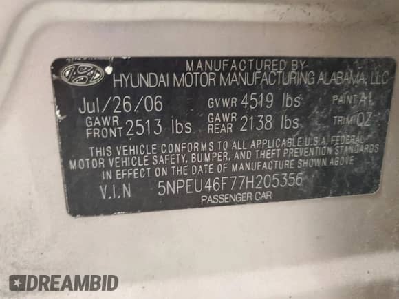 2007 Hyundai Sonata SE with VIN 5NPEU46F77H205356, listed as a Copart auction lot 81421165 with 145,956 mi miles and Non repairable. Bid and sale history available at DreamBid. Image 12.