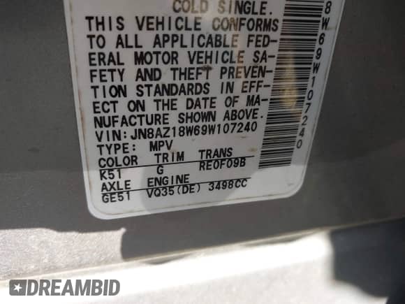 2009 Nissan Murano SL with VIN JN8AZ18W69W107240, listed as a IAAI auction lot 43412567 with 176,505 mi miles and . Bid and sale history available at DreamBid. Image 9.